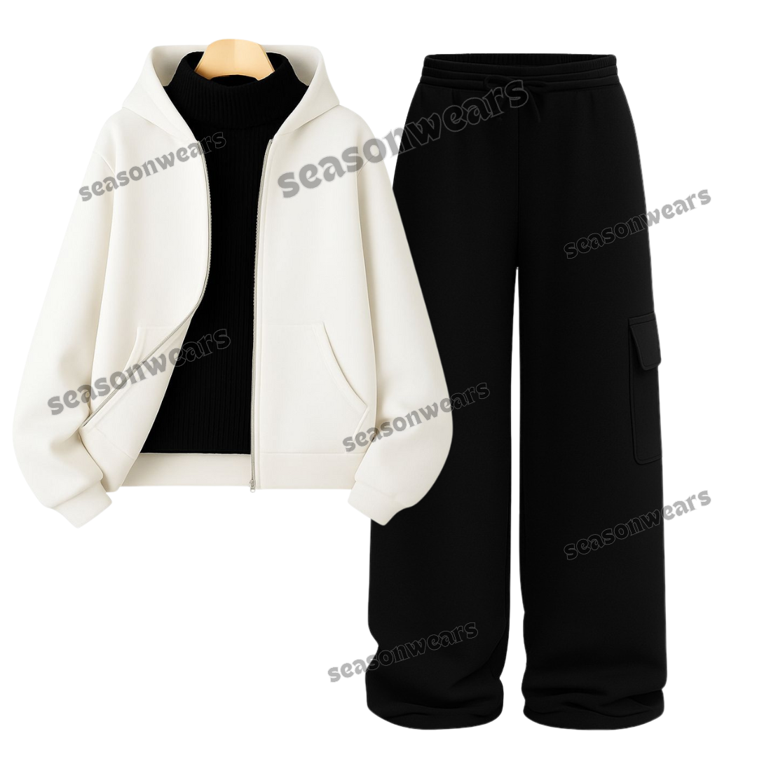 Straight Leg Cargo With White Zipper & Black Highneck