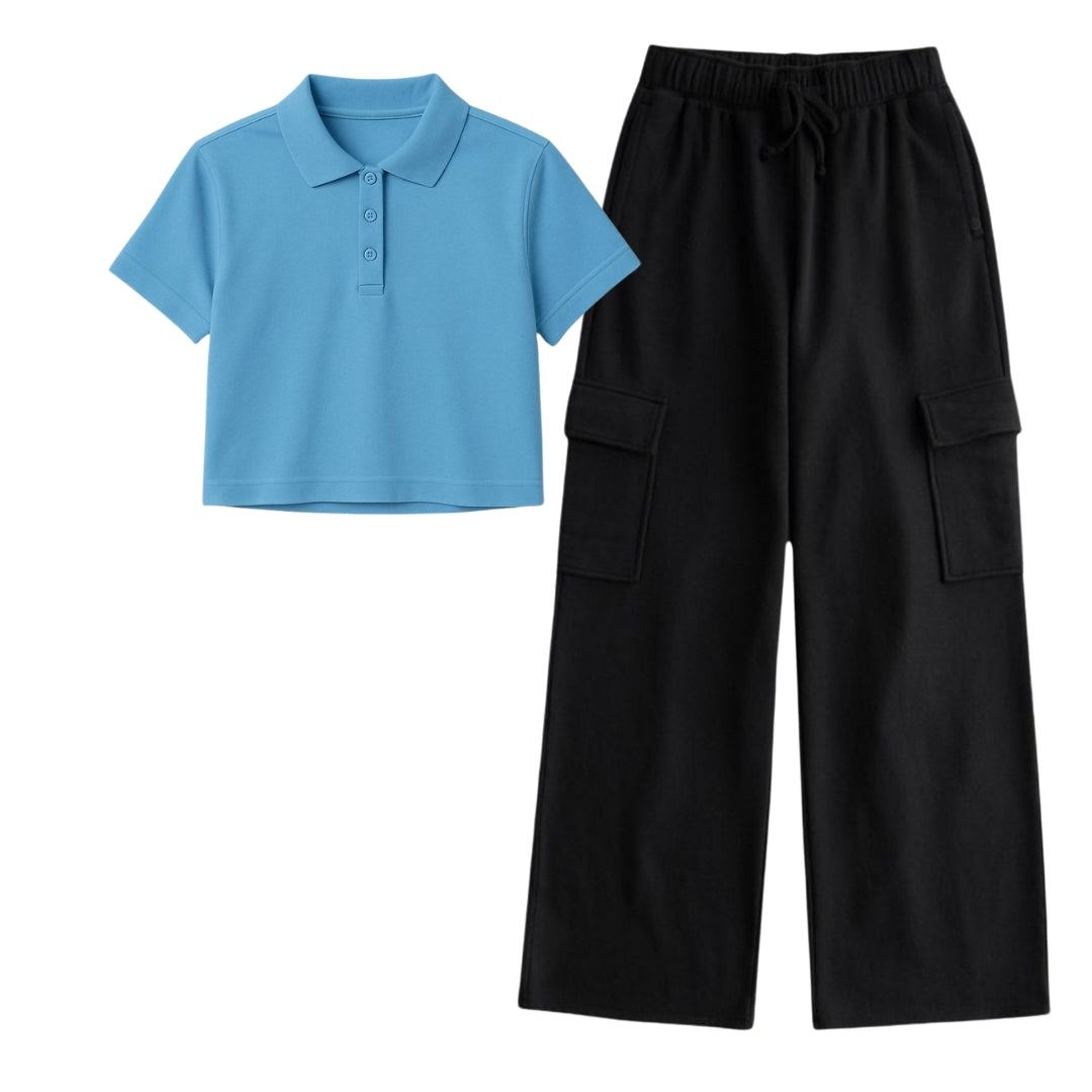 Sky Blue Crop Polo With Black Cargo