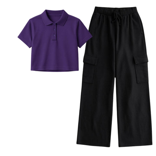 Purple Crop Polo With Black Cargo