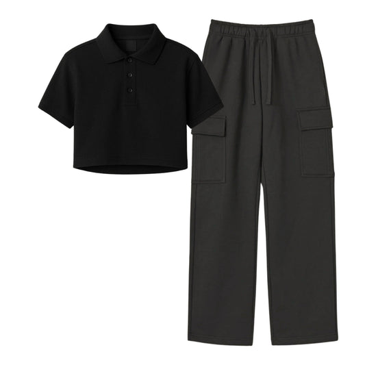 Black Crop Polo With Charcoal Grey Cargo