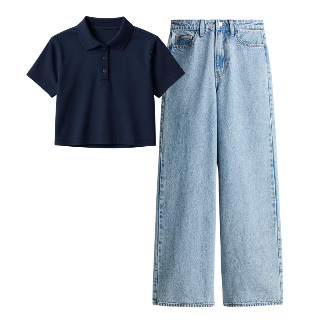Navy Blue Crop Polo With Ice Blue Jeans