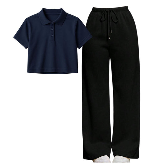 Navy Blue Crop Polo With Black  Flapper Fusion