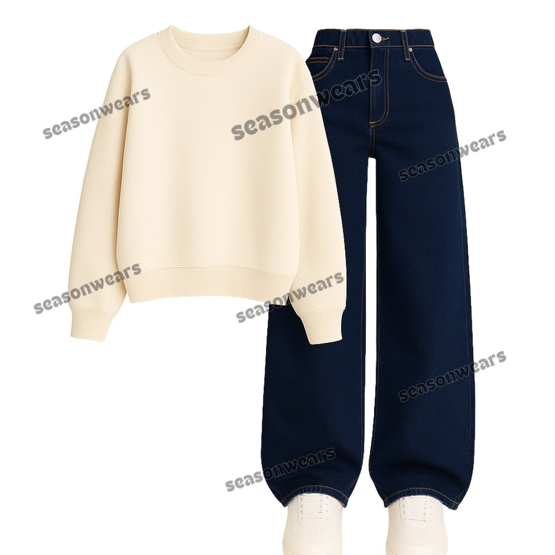 Dark Blue Wide Leg Jeans With Sweatshirt