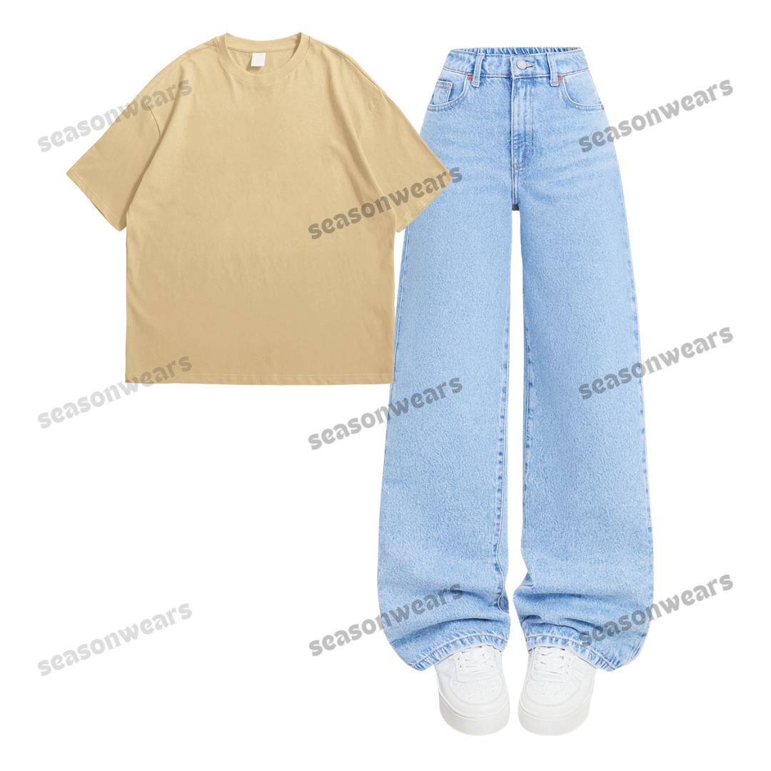 Oversized Drop Shoulder Tee With Iceblue Wide Leg Jeans