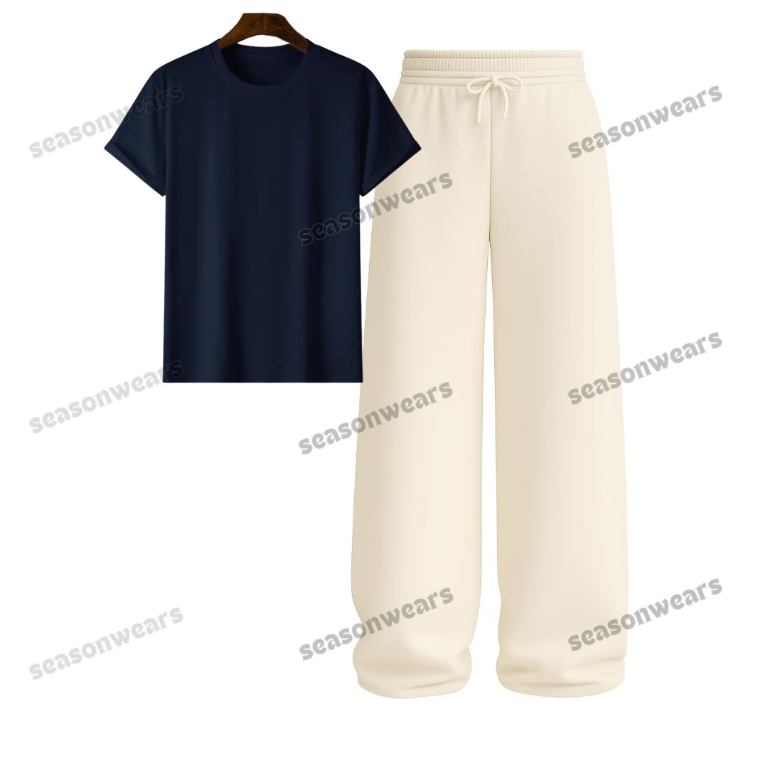 Regular Tee With Beige Wide Leg Trouser