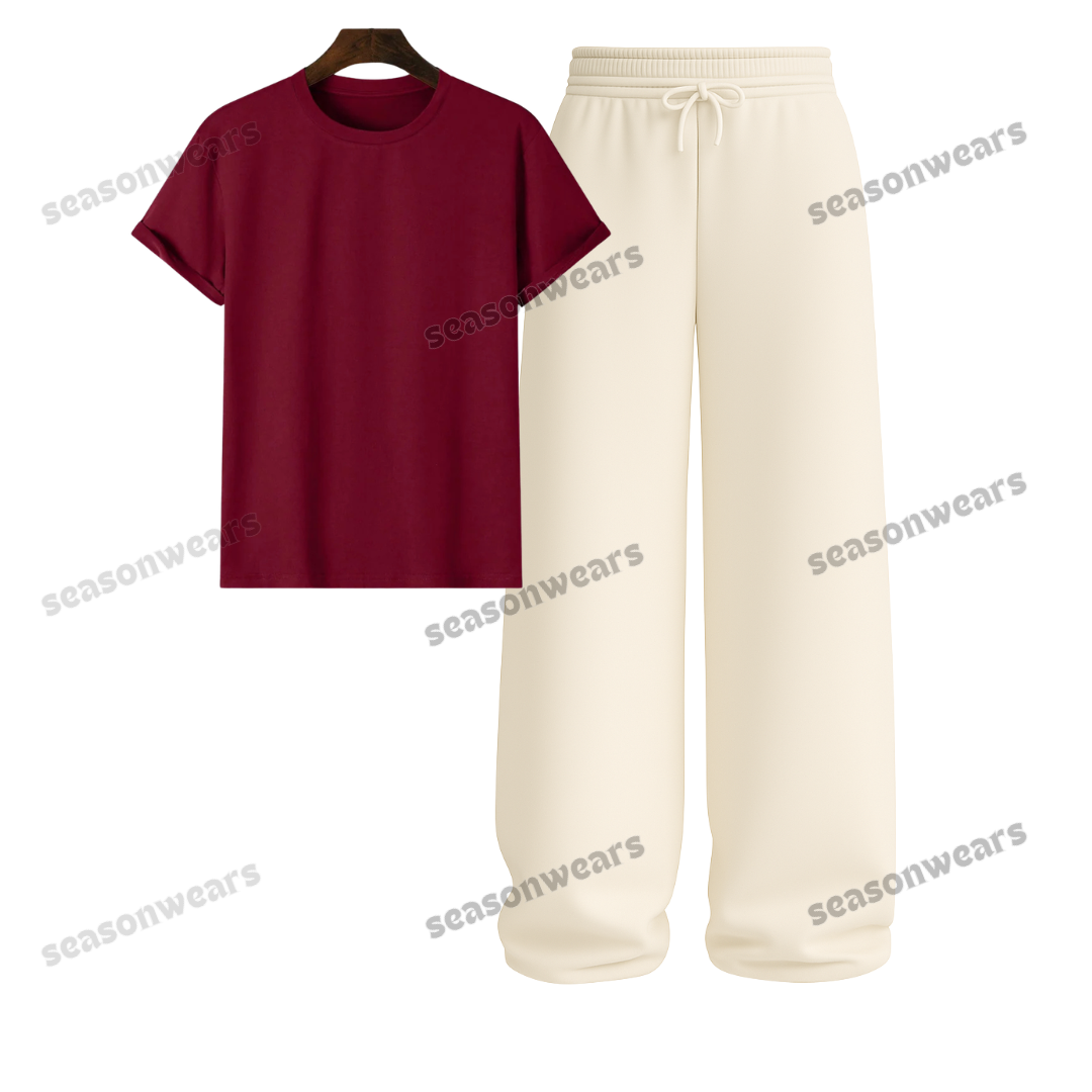 Regular Tee With Beige Wide Leg Trouser