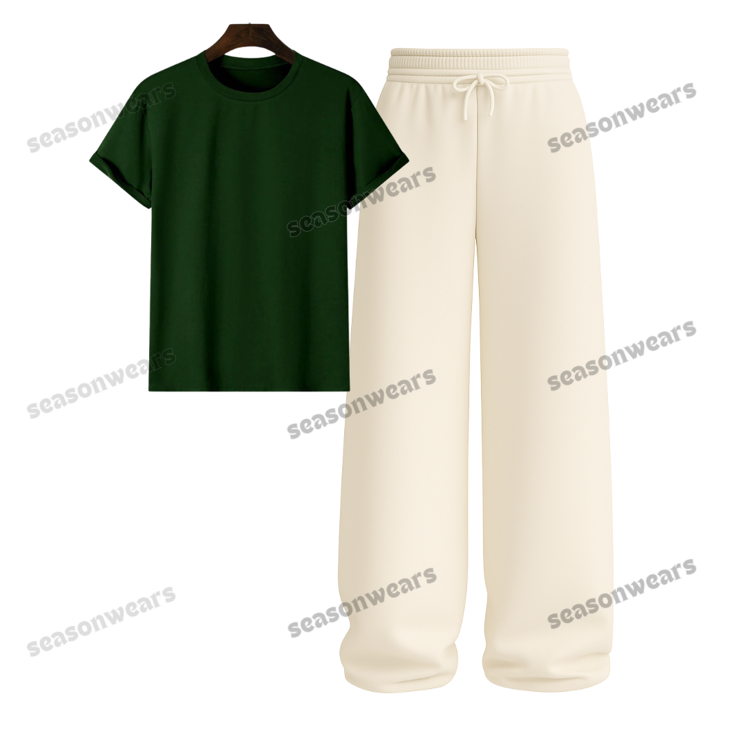 Regular Tee With Beige Wide Leg Trouser