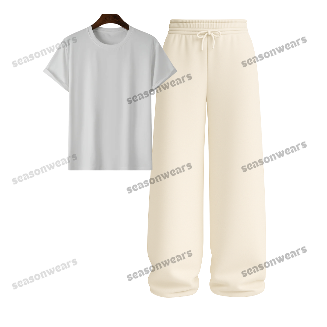 Regular Tee With Beige Wide Leg Trouser