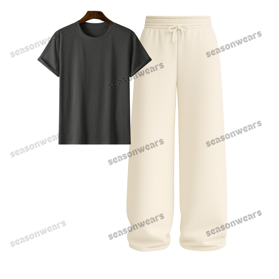 Regular Tee With Beige Wide Leg Trouser