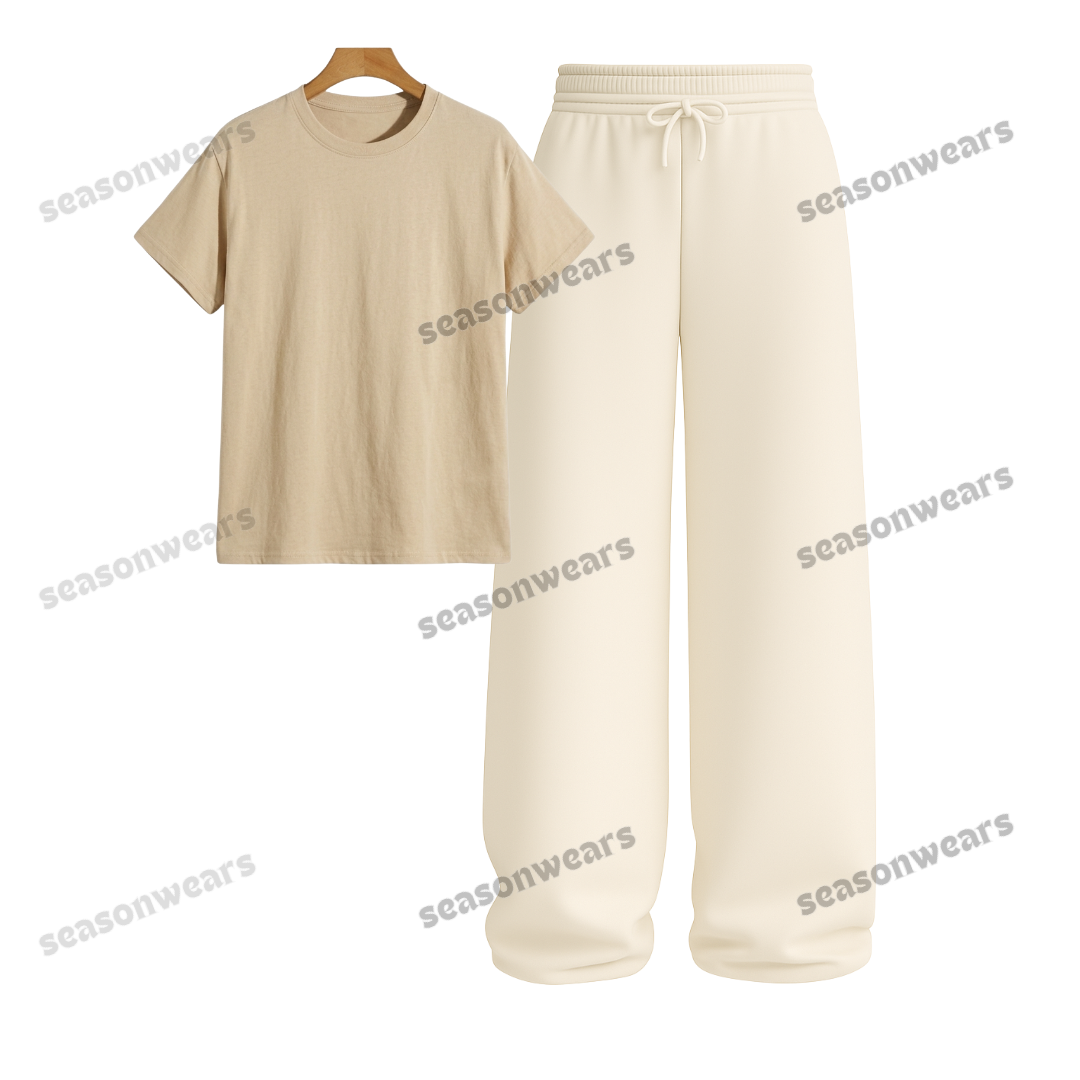 Regular Tee With Beige Wide Leg Trouser
