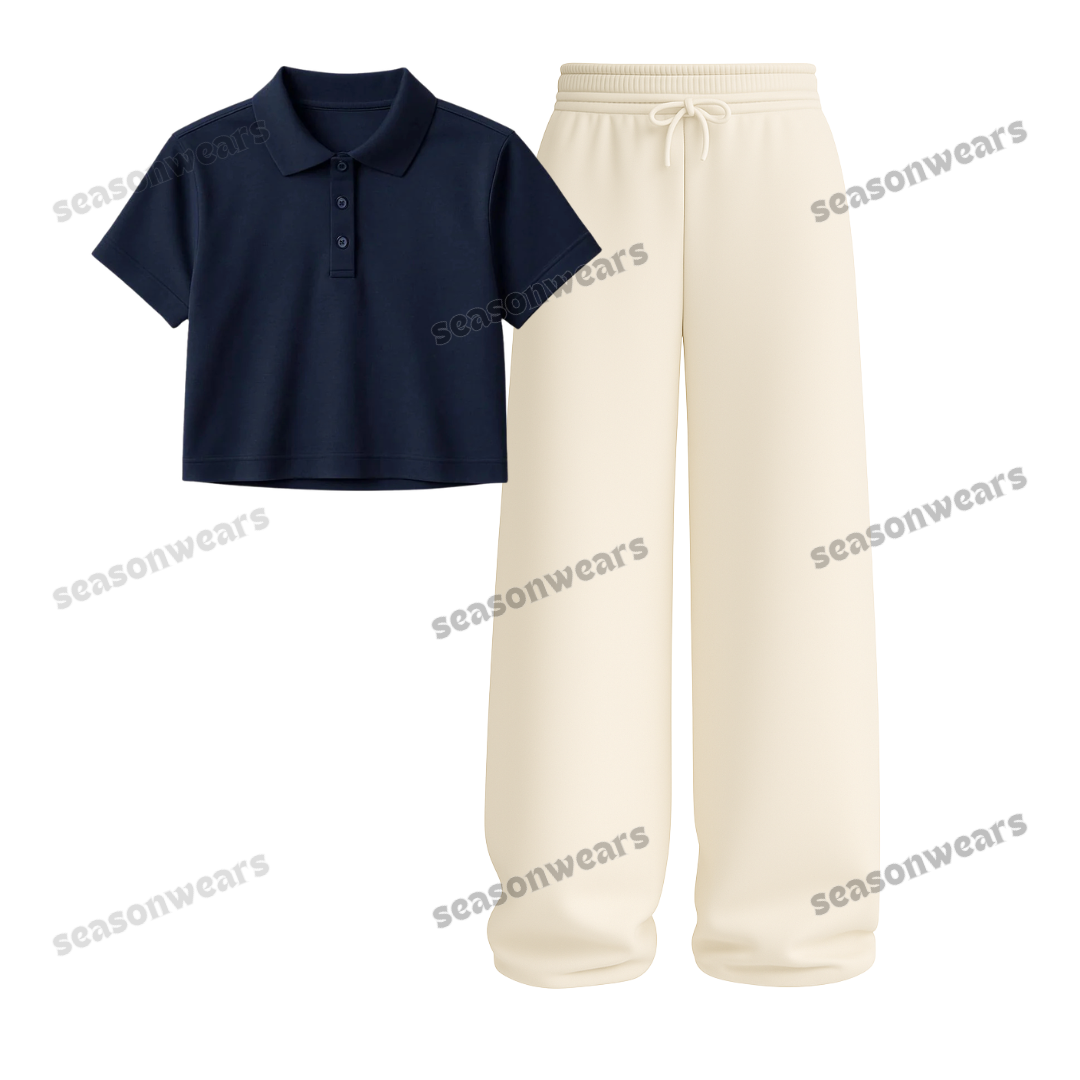 Crop Polo With Beige Wide Leg Trouser