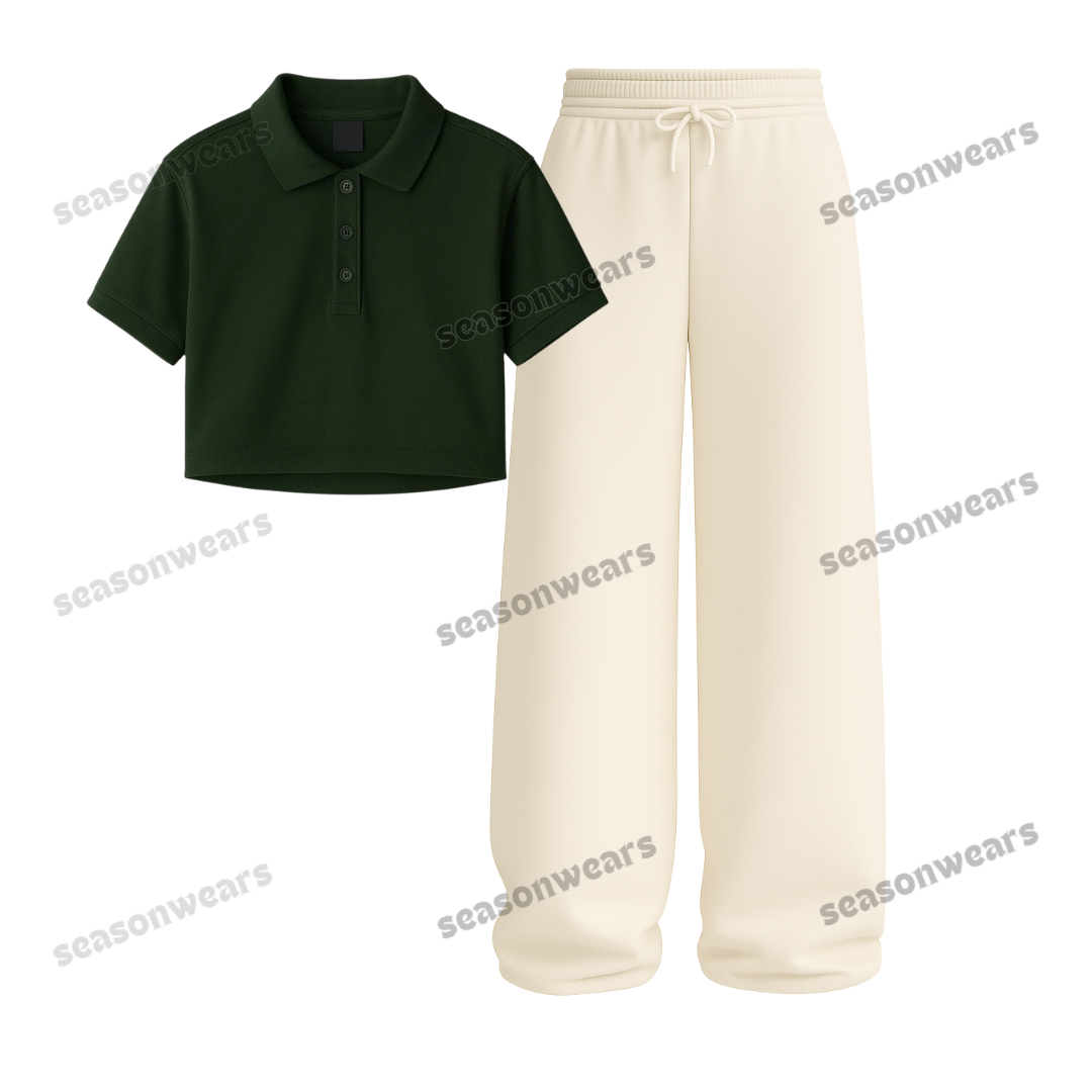 Crop Polo With Beige Wide Leg Trouser