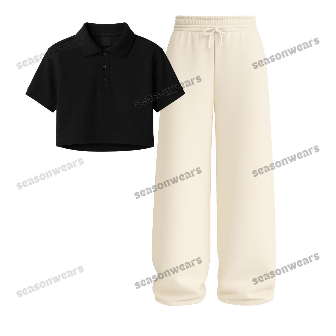 Crop Polo With Beige Wide Leg Trouser