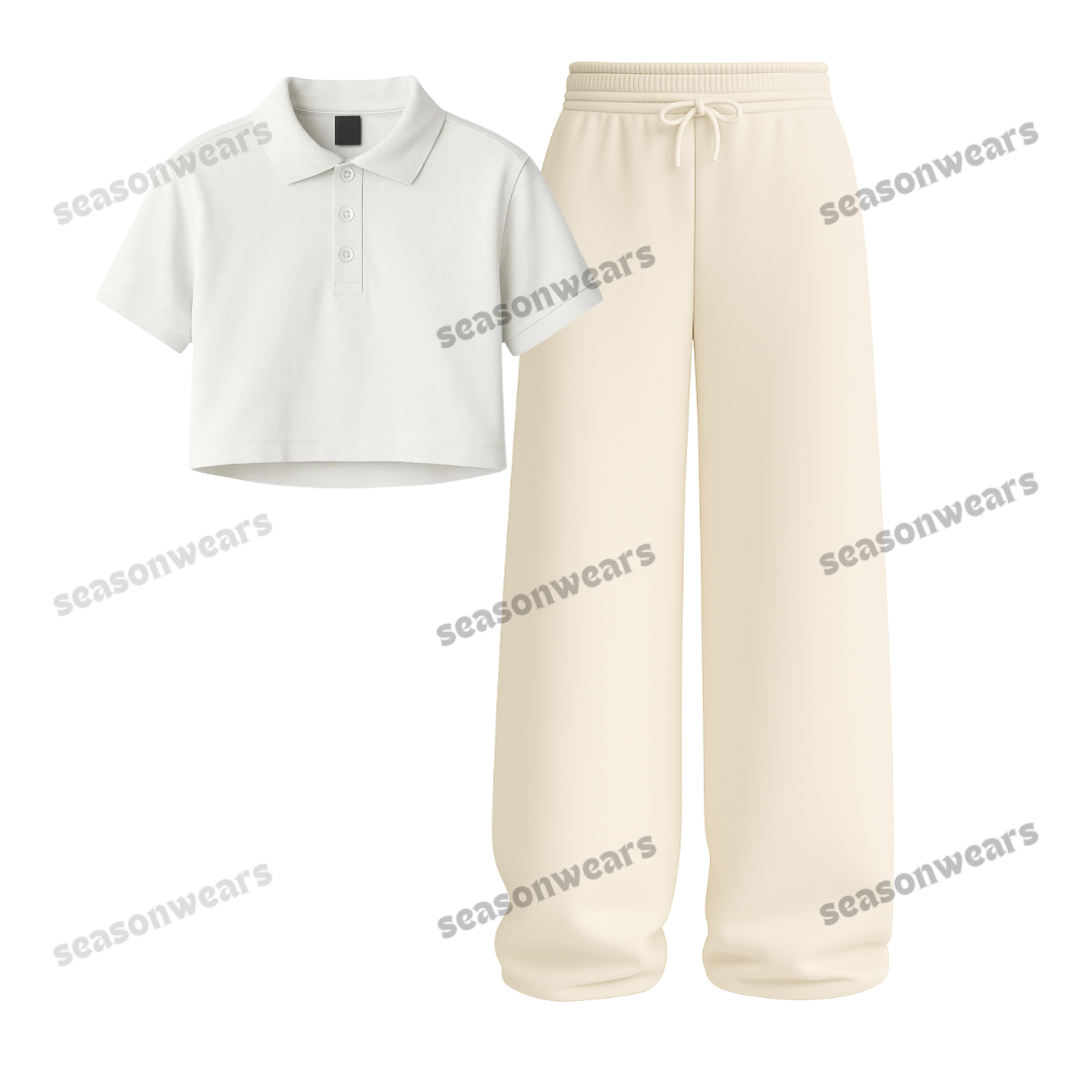 Crop Polo With Beige Wide Leg Trouser
