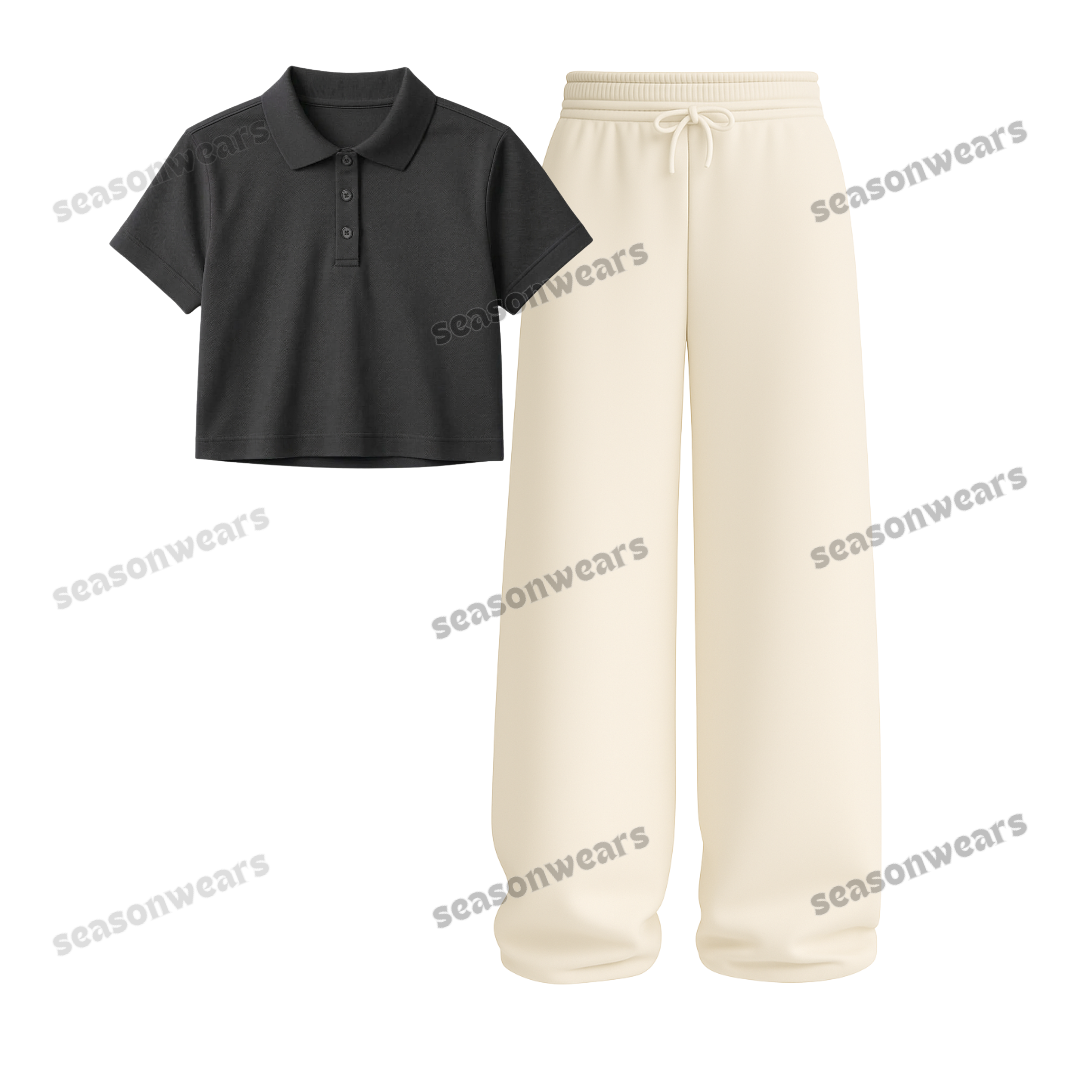 Crop Polo With Beige Wide Leg Trouser