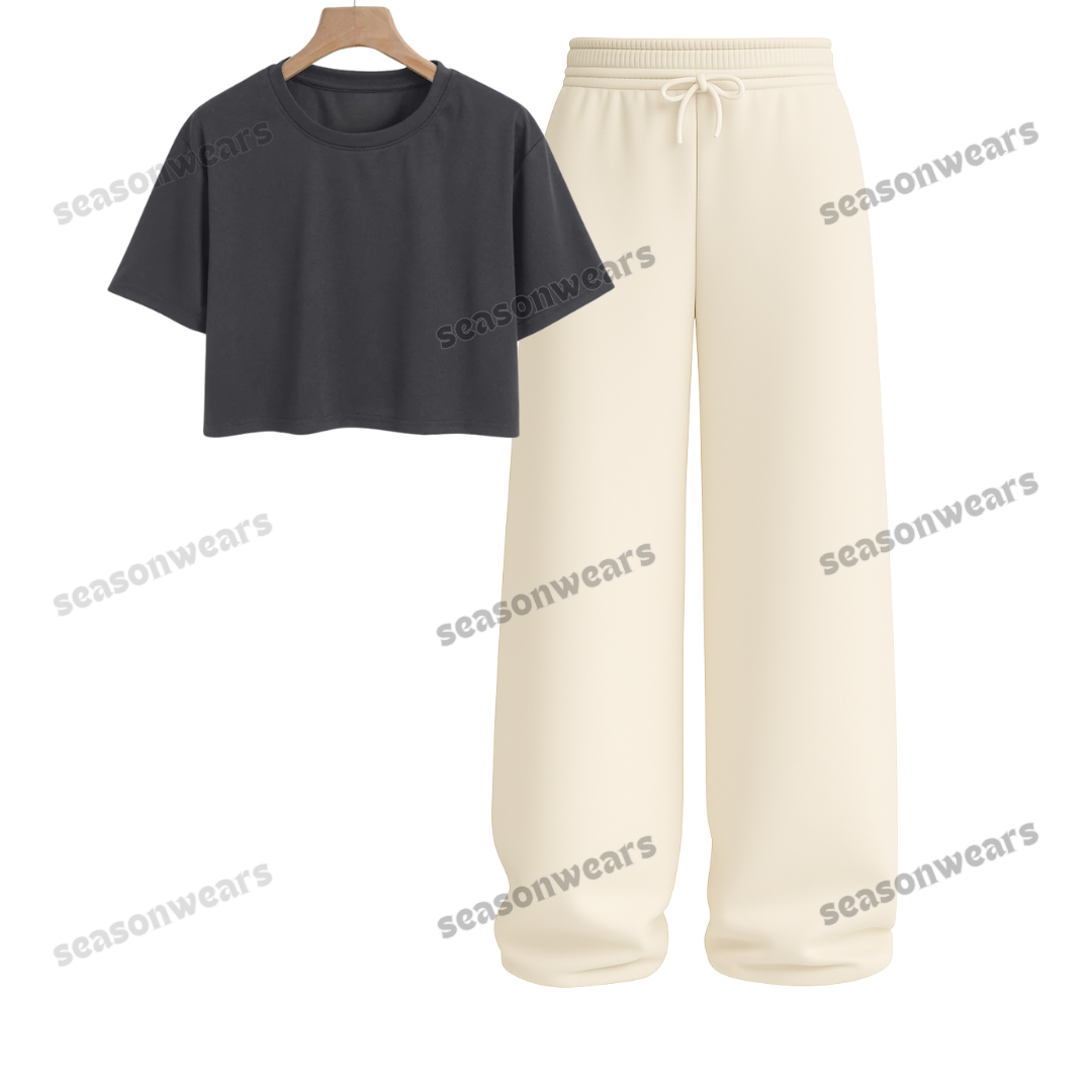 Crop Tee With Beige Wide Leg Trouser