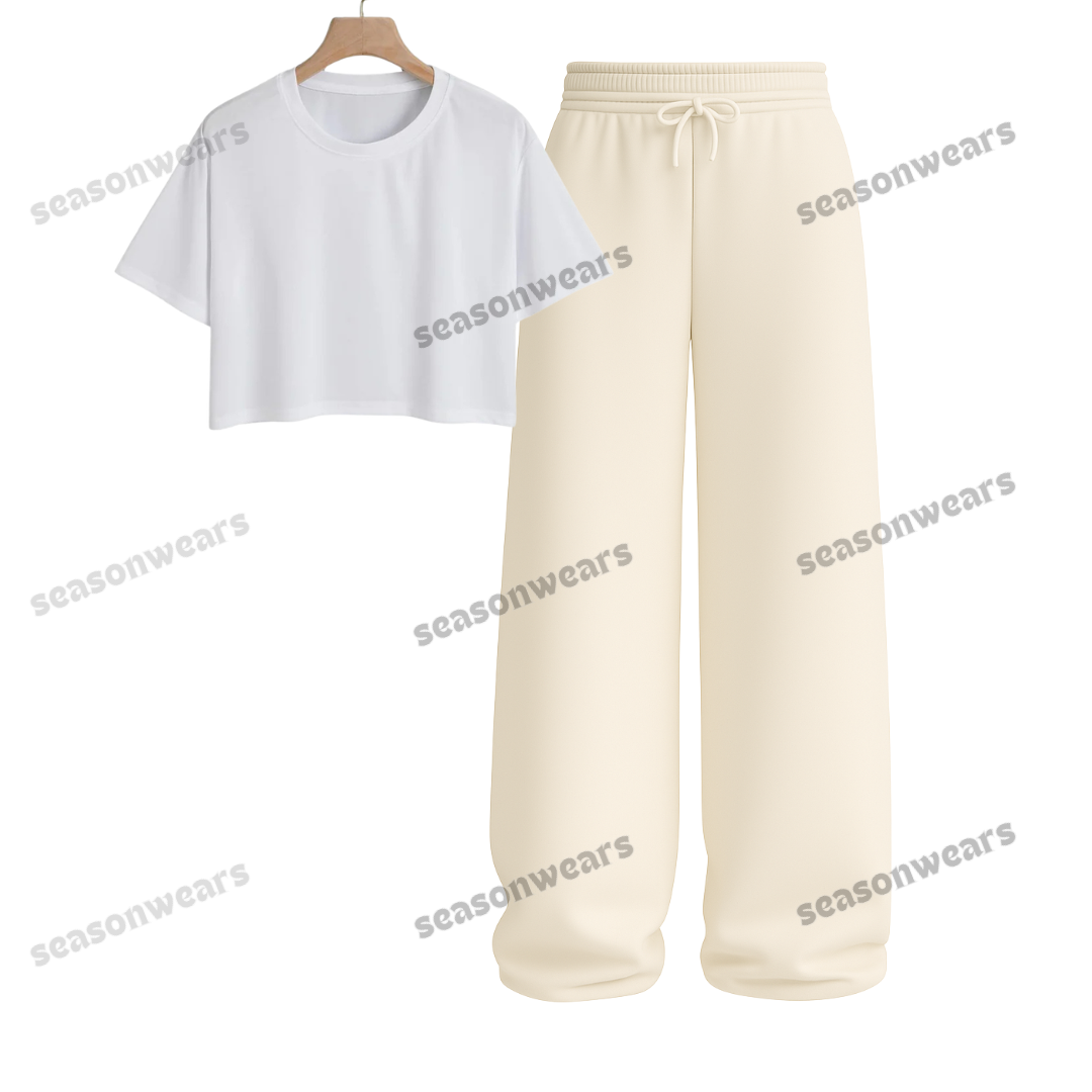 Crop Tee With Beige Wide Leg Trouser