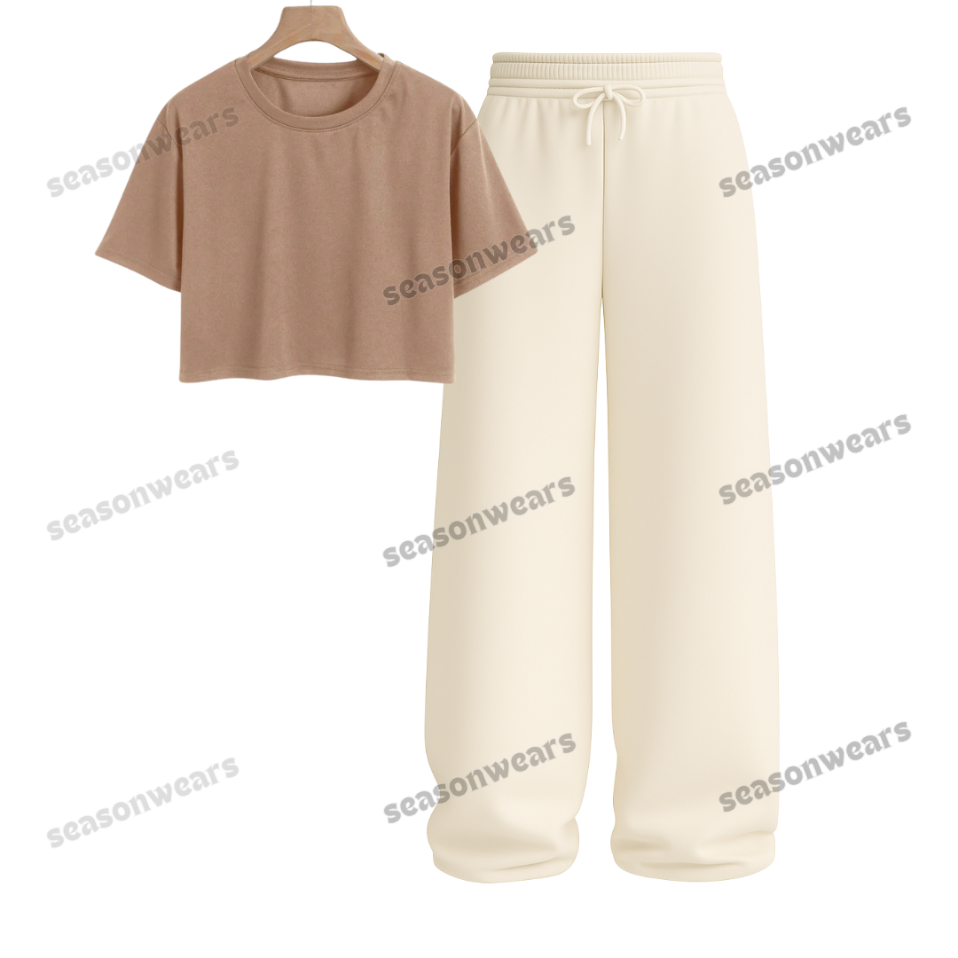 Crop Tee With Beige Wide Leg Trouser