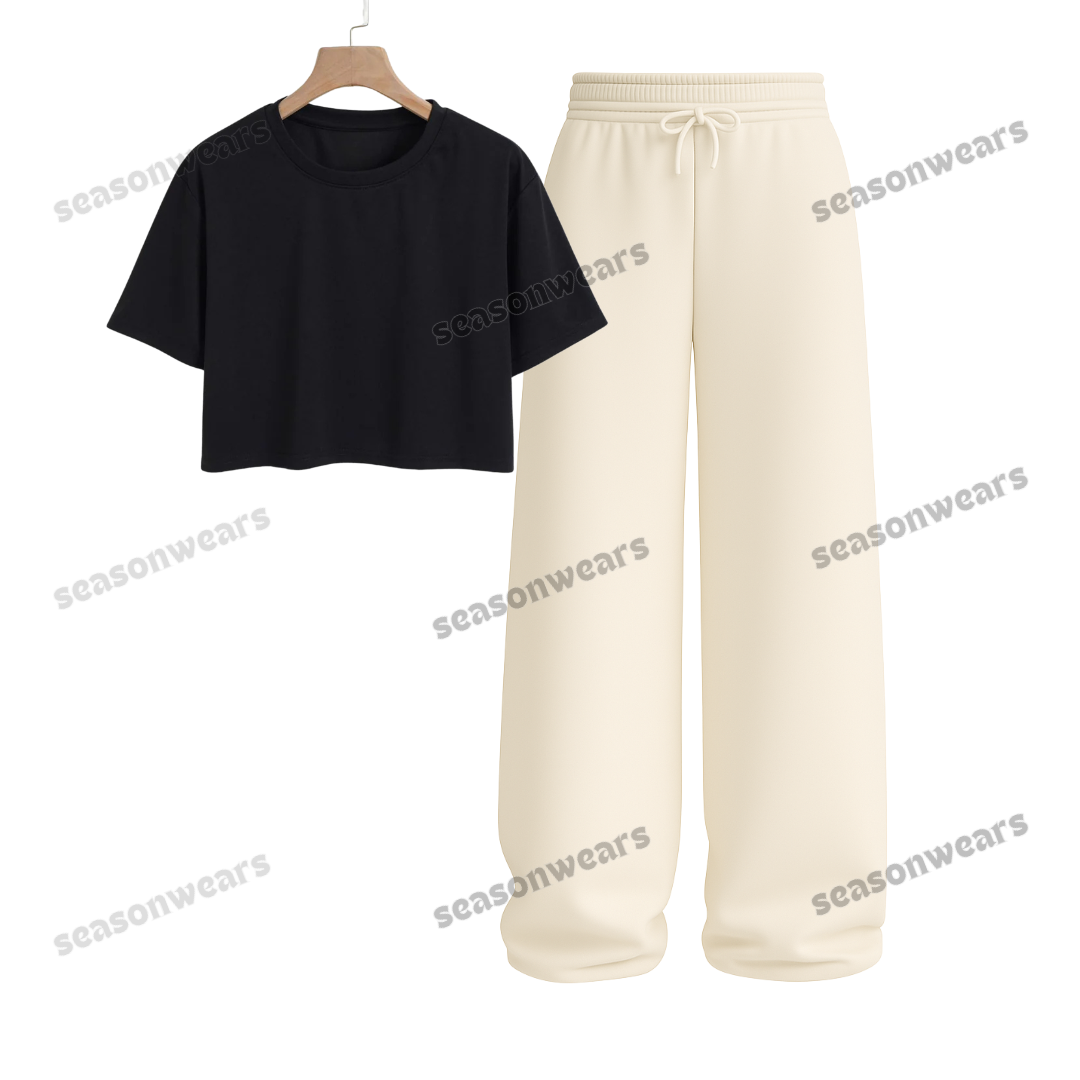 Crop Tee With Beige Wide Leg Trouser