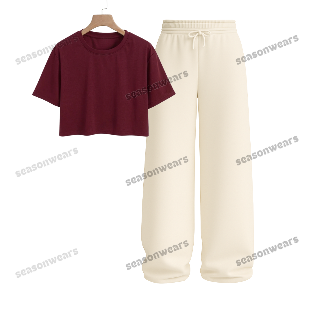 Crop Tee With Beige Wide Leg Trouser