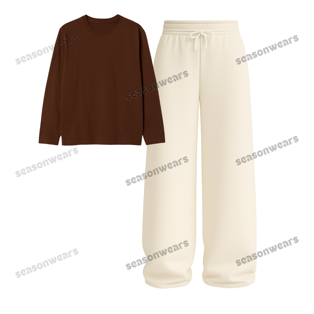 Full Sleeves Tee With Beige Wide Leg Trouser