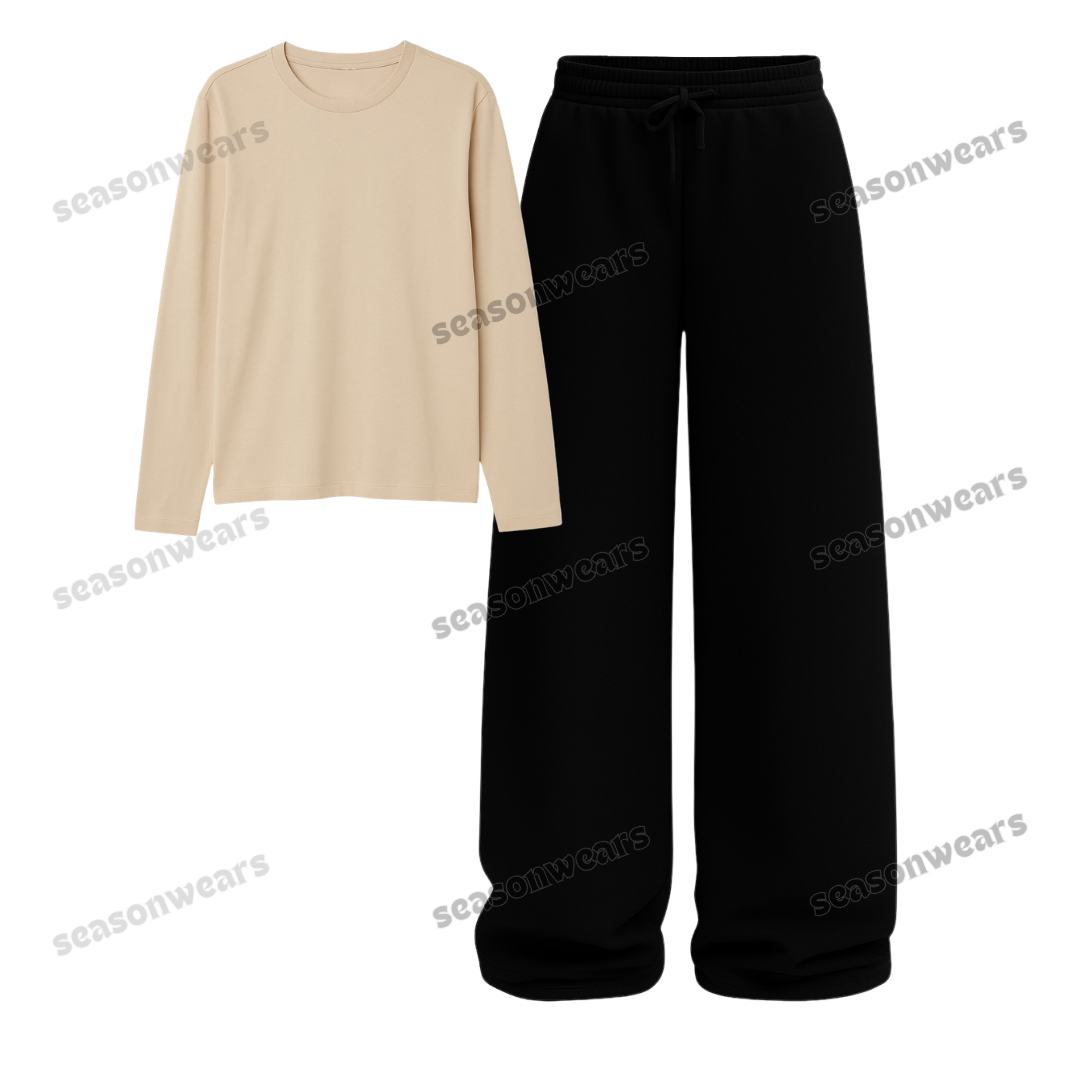 Full Sleeves Tee With Black Wide Leg Trouser