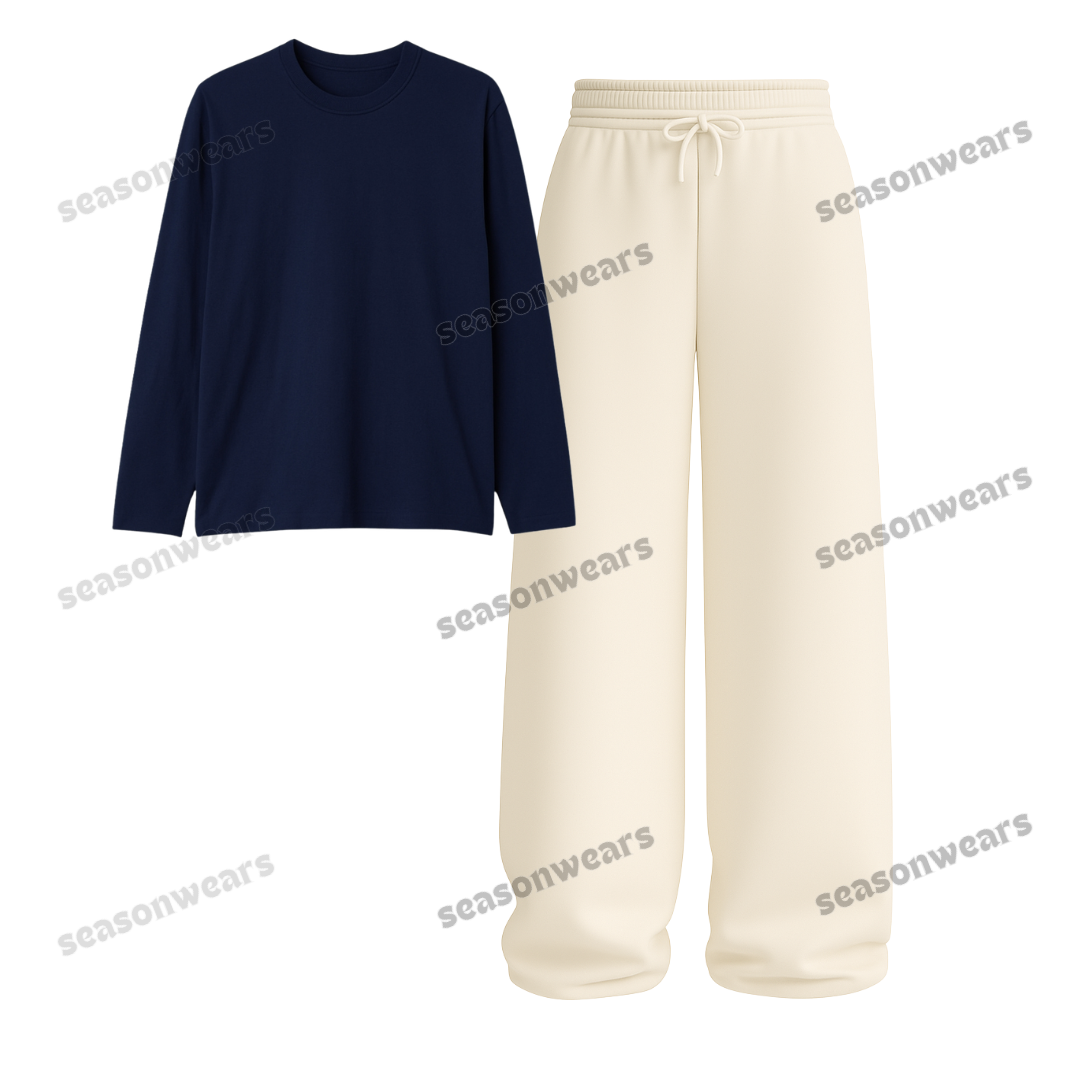 Full Sleeves Tee With Beige Wide Leg Trouser