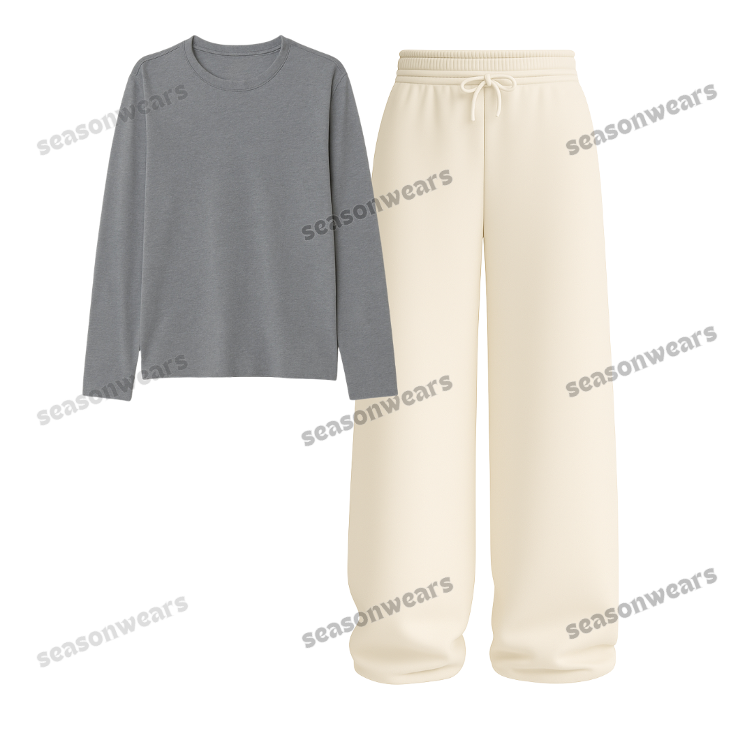 Full Sleeves Tee With Beige Wide Leg Trouser