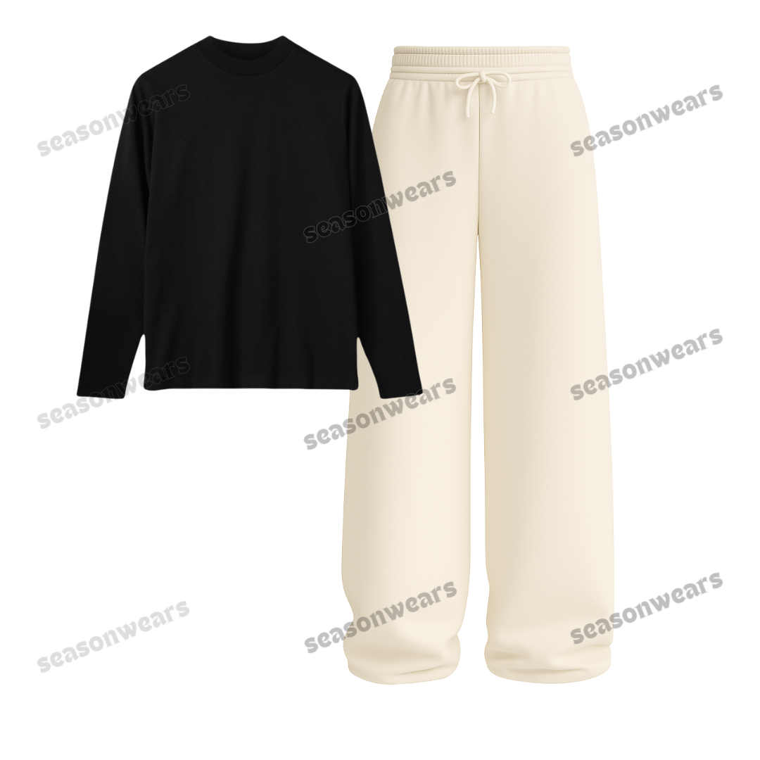 Full Sleeves Tee With Beige Wide Leg Trouser