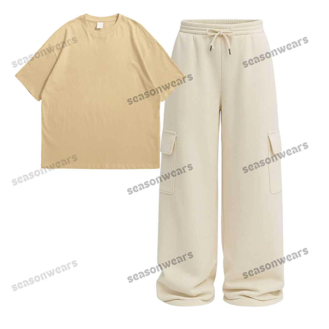 Oversize Drop Shoulder Tee With Cream Wide leg Cargo