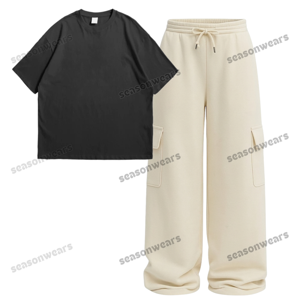 Oversize Drop Shoulder Tee With Cream Wide leg Cargo