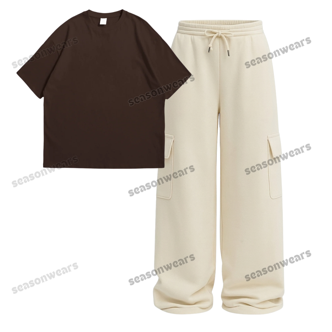 Oversize Drop Shoulder Tee With Cream Wide leg Cargo