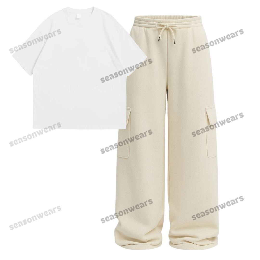 Oversize Drop Shoulder Tee With Cream Wide leg Cargo