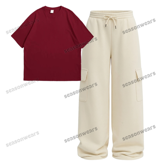 Oversize Drop Shoulder Tee With Cream Wide leg Cargo