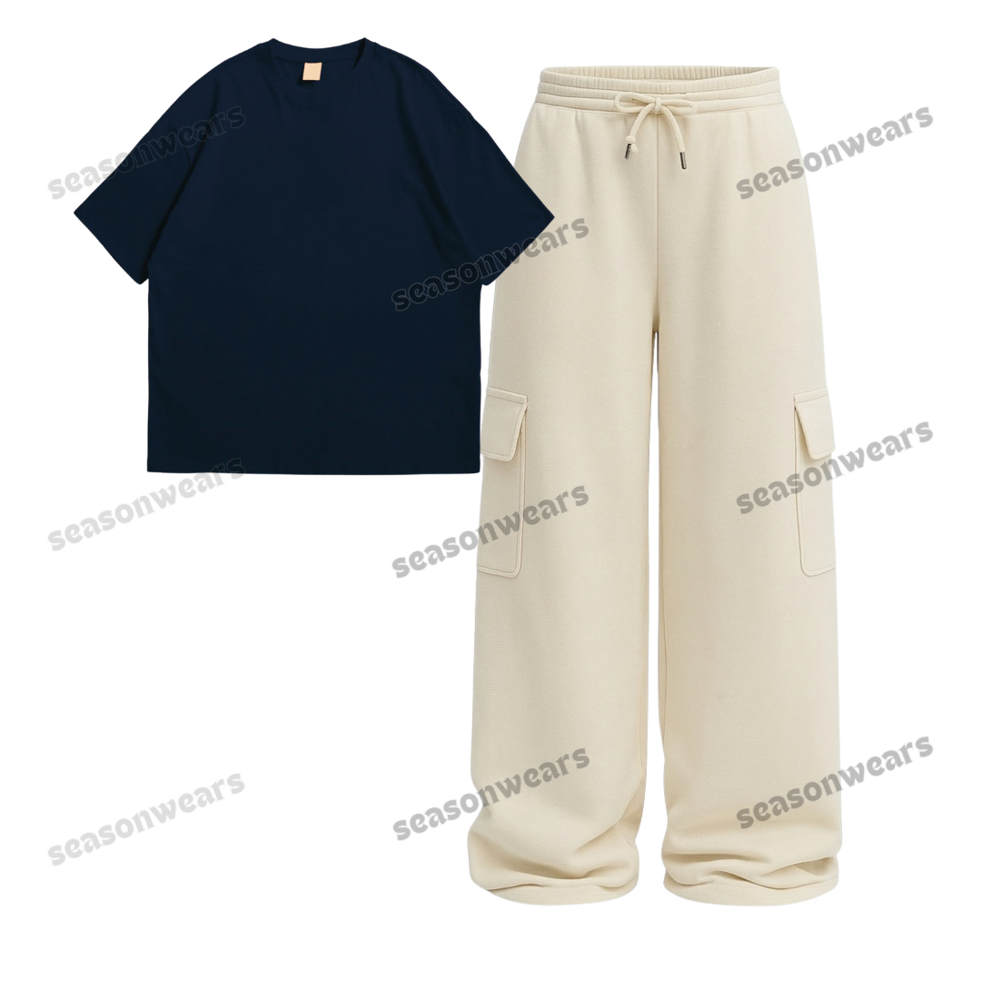 Oversize Drop Shoulder Tee With Cream Wide leg Cargo