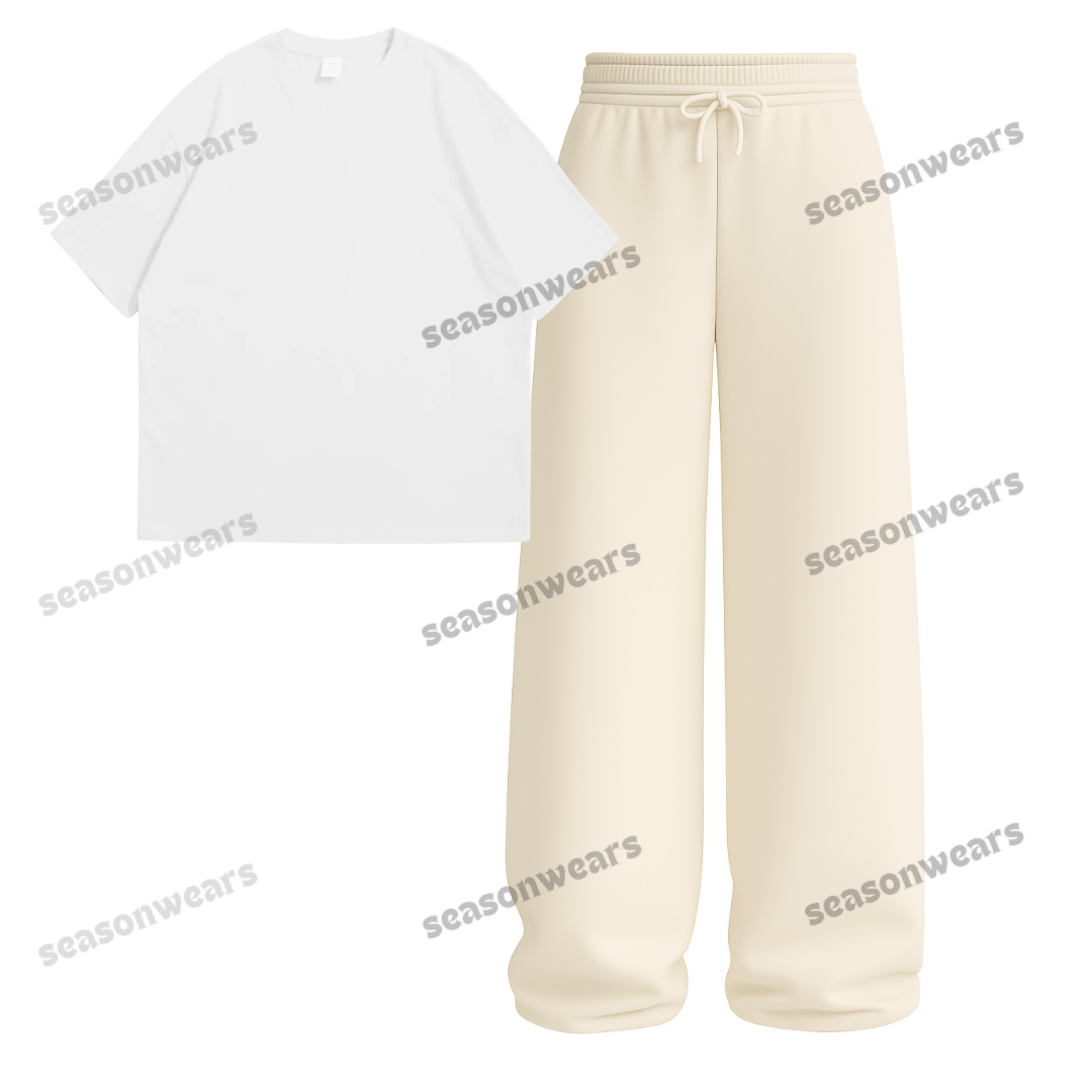 Oversized Drop Shoulder Tee With Beige Wide Leg Trouser