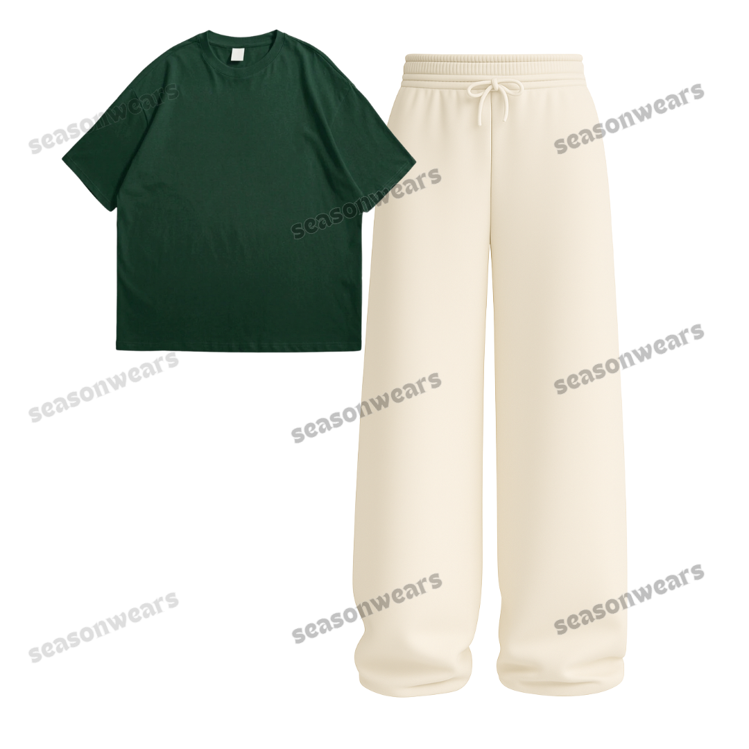 Oversized Drop Shoulder Tee With Beige Wide Leg Trouser