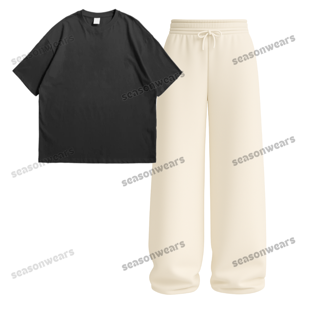 Oversized Drop Shoulder Tee With Beige Wide Leg Trouser