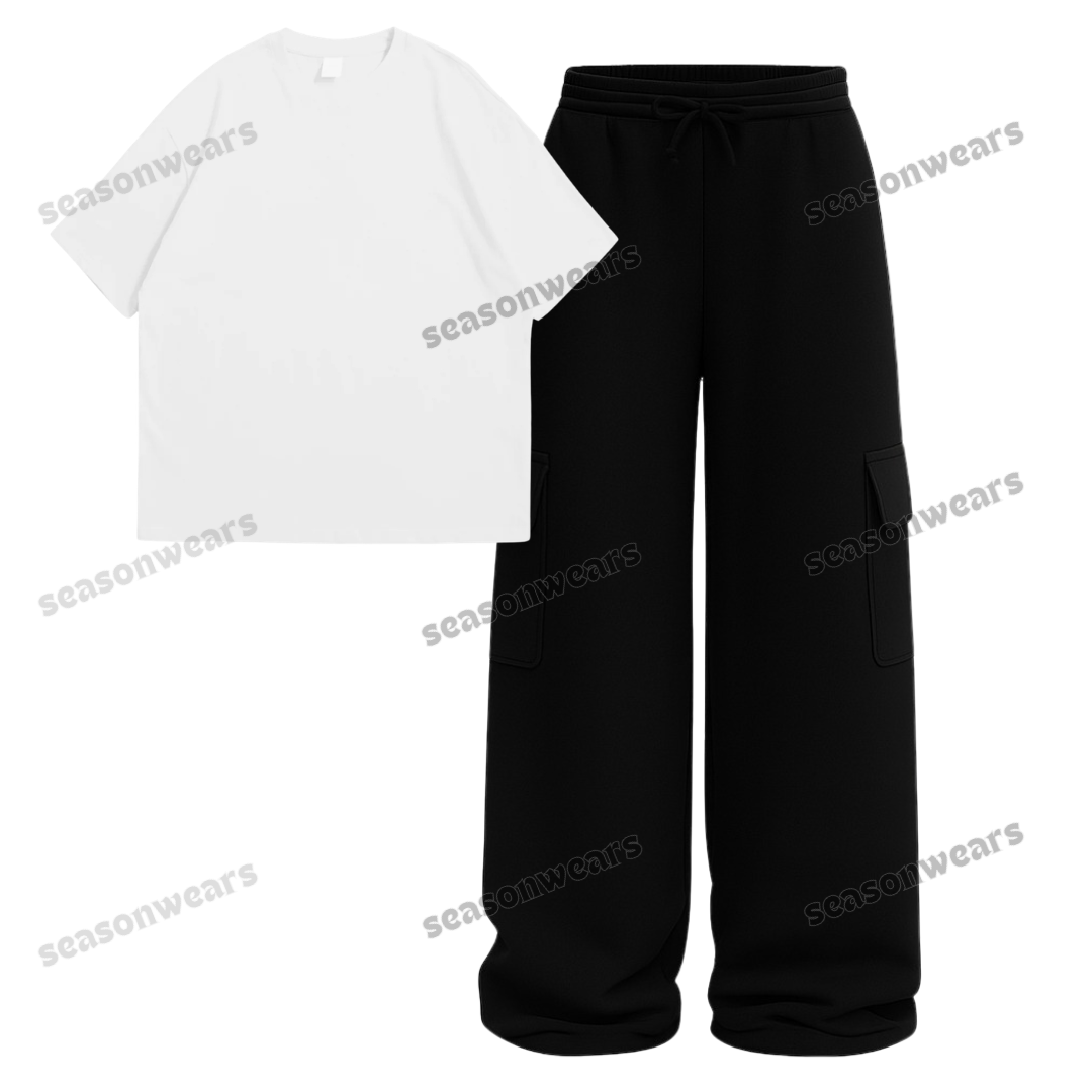 Oversize Drop Shoulder Tee With Black Wide leg Cargo