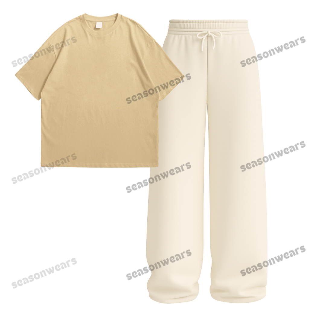 Oversized Drop Shoulder Tee With Beige Wide Leg Trouser